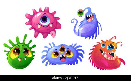 Keime, Viren und Bakterien Comic-Figuren mit niedlichen lustigen Gesichtern. Lächelnde Erreger Mikroben oder Monster mit großen Augen, bunte Zellen mit Zähnen A Stock Vektor