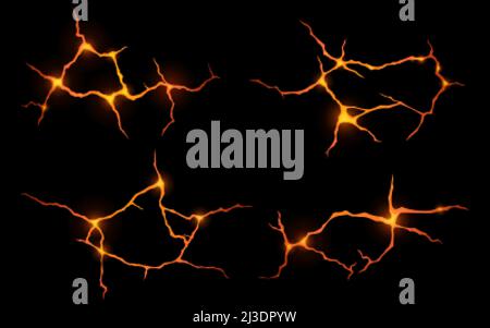 Lava in Bodenrissen Draufsicht, Vulkanamagma glühen Textur in Risslöchern, zerstörte Landoberfläche. Schaden Fissure Effekt nach Erdbeben Katastrophe iso Stock Vektor