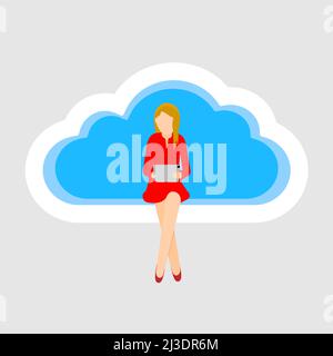 Remote-Arbeitskommunikation globaler Cloud-Zugriff. Geschäftsfrau mit Tablet auf einer Cloud. Flache Vektorgrafik Stock Vektor