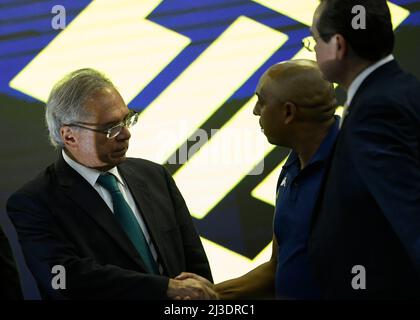 Brasilia, Brasilien. 07. April 2022. DF - Brasilia - 04/07/2022 - BRASILIA, BB ANTICIPA FRETE - der Wirtschaftsminister, Paulo Guedes, während der Eröffnungszeremonie von „BB Anticipa Freight“ und „BB CPR Preservation“ am Donnerstag, dem 7.. April. Foto: Mateus Bonomi/AGIF Quelle: AGIF/Alamy Live News Stockfoto