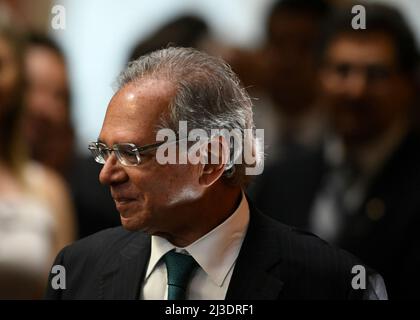 Brasilia, Brasilien. 07. April 2022. DF - Brasilia - 04/07/2022 - BRASILIA, BB ANTICIPA FRETE - der Wirtschaftsminister, Paulo Guedes, während der Eröffnungszeremonie von „BB Anticipa Freight“ und „BB CPR Preservation“ am Donnerstag, dem 7.. April. Foto: Mateus Bonomi/AGIF Quelle: AGIF/Alamy Live News Stockfoto