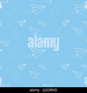 Nahtloses Muster mit einem Papierflugzeug. Handgezeichnete Doodle-Vektorgrafik. Stock Vektor