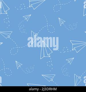 Nahtloses Muster mit einem Papierflugzeug. Handgezeichnete Doodle-Vektorgrafik. Stock Vektor
