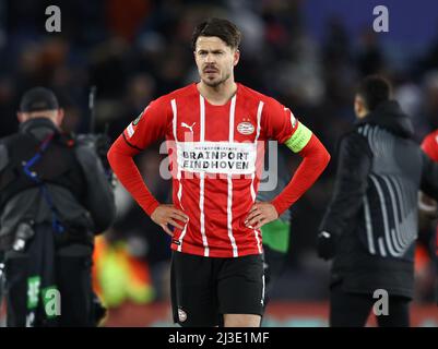 Leicester, England, 7.. April 2022. Cody Gakpo vom PSV Eindhoven während des Spiels der UEFA Europa Conference League im King Power Stadium, Leicester. Bildnachweis sollte lauten: Darren Staples / Sportimage Stockfoto