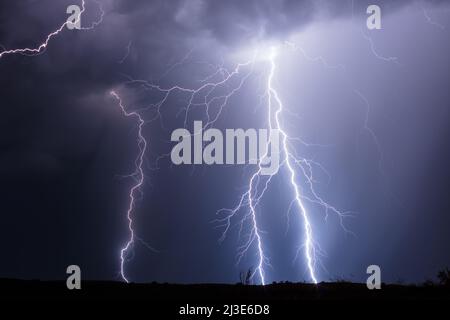 Bei einem Gewitter in der Nähe von Phoenix, Arizona, erleuchten helle Blitze den Himmel Stockfoto