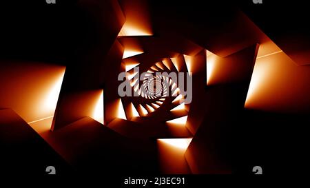 Durchschleifen symmetrischer abstrakter Bewegungen von Dreiecken auf schwarzem Hintergrund. Design. Bunte Spirale, die einen Tunnel-Effekt erzeugt, nahtlose Schleife. Stockfoto