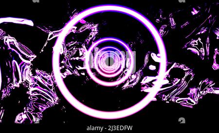 Fliegen Sie schnell durch den digitalen, neon leuchtenden Tunnel auf einem schwarzen Hintergrund, einer nahtlosen Schleife. Design. Konzept der Energie, hypnotische fliegende Ringe. Stockfoto
