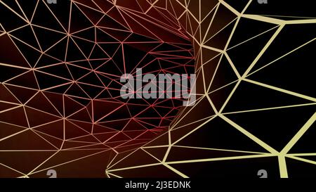 Neon mehrfarbige kantige Polygone bewegen und drehen auf einem schwarzen Hintergrund. Design. Rückflug im Plexusstunnel. Stockfoto