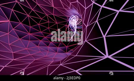 Neon mehrfarbige kantige Polygone bewegen und drehen auf einem schwarzen Hintergrund. Design. Rückflug im Plexusstunnel. Stockfoto