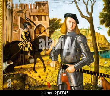 Vittore Corpacio - junger Ritter in einer Landschaft - ca. 1505 - Öl auf Leinwand. Stockfoto