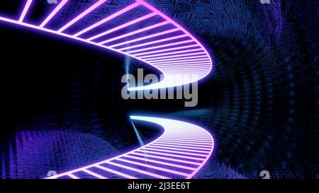 Fliegen durch leuchtende Neonlinien, die Tunnel schaffen, nahtlose Schleife. Design. Blauer, endloser Korridor. Stockfoto