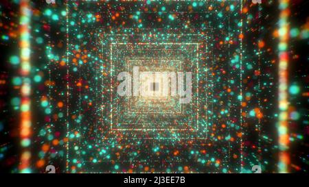 Unendliches Neonlicht quadratischer Tunnel aus glühenden Punktteilchen. Bewegung. Cyber-Technologie Hintergrund, fliegen durch magische Tunnel. Stockfoto