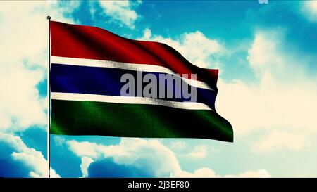 Gambia Flagge winkt im Wind auf einem Fahnenmast, nahtlose Schleife. Bewegung. Gambische, detailreiche Stofftextur auf blauem Himmel. Stockfoto