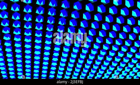 Spiel von Licht und Schatten auf den Reihen von 3D Figuren der blauen Farbe. Design. Körnige Textur von sich drehenden Formen, nahtlose Schleife. Stockfoto