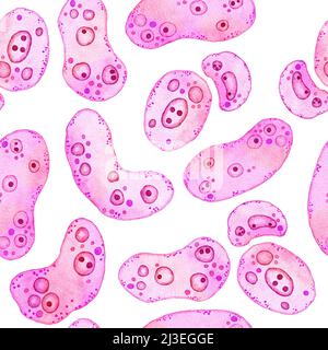 Aquarell nahtlose Muster von rosa lila Zellen Mikroalgen Mikroorganismen, Mikroskop Bio-Algen. Konzept für Kosmetik Medizin Healthcare Print Design. Pastell-Ameoba-Bakterien, weiche ovale runde Form Stockfoto