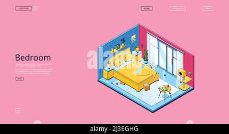 Schlafzimmerbanner. Isometrisches leeres Zimmer zum Schlafen und Entspannen in der Wohnung, im Haus oder im Hotel. Vektor-Landing-Page mit Abbildung des Wohnraums mit Mod Stock Vektor