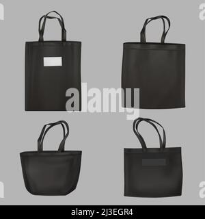 Leinwandtasche oder Tragetasche aus Stoff und Öko-Leinen 3D Mockup. Stoffbeutel mit isolierter Griffschablone, wiederverwendbarer Einkaufstasche aus schwarzer Baumwolle für sh Stock Vektor