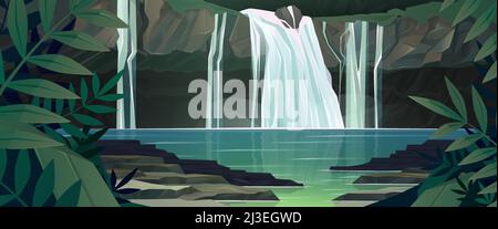 Wasserfall im Dschungel mit Bäumen und Bergen. Vektor-Cartoon-Illustration der Regenwald-Landschaft mit Fluss fällt von Felsen zu See. Rainforest sce Stock Vektor