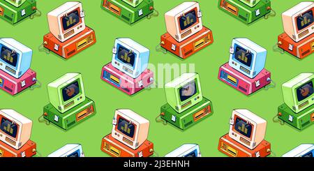 Alte Computer, alter Desktop-pc mit Monitor und Diskettenlaufwerk. Vektor-Illustration mit isometrischen farbigen Retro-PCs für zu Hause und Stock Vektor