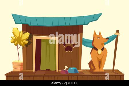 Hund, der in der Nähe von Holzzwinger sitzt, mit Knochen und Wasser in Schüsseln. Vektor-Cartoon-Illustration von niedlichen Welpen Champion mit Goldmedaille und hundehütte isoliert Stock Vektor