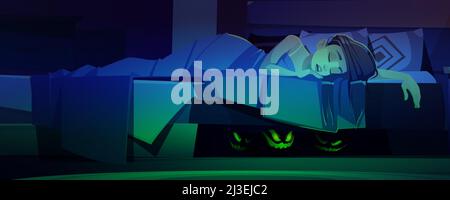 Monster verstecken sich unter dem Bett mit schlafender Frau. Vektor-Cartoon-Illustration von Schlafzimmer in der Nacht, Mädchen schlafen und glühenden grünen Augen von Scary cr Stock Vektor