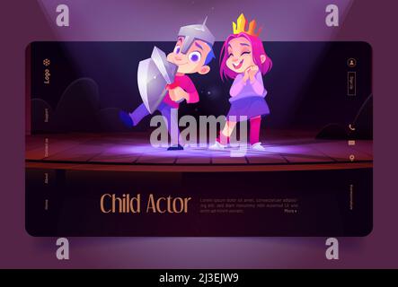 Kinder Schauspieler auf der Theaterbühne in der Schule oder im Kindergarten, Kinder spielen die Rolle des Ritters und der Prinzessin auf der Theaterszene beleuchtet mit Scheinwerfern, bo Stock Vektor