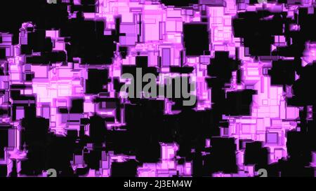 Helle, sich bewegende quadratische Schichten. Design. Neon schimmernde Schichten bewegen sich im dunklen Computerraum. Ausfall mit Neonrissen in Matrixschichten Stockfoto