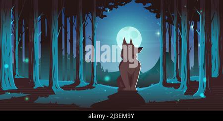 Wolf sitzt nachts im Wald. Vektor-Cartoon-Illustration der Sommerlandschaft mit Nadelwäldern, Pinien, Berge am Horizont, wildes Tier Stock Vektor