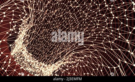 Tunnel wird aus dem Raster verschoben. Design. Tunnel aus Gitter mit Punkten. Verdrillter Tunnel aus neuronalem Netz mit Punkten. Bewegung durch den Trichter vieler Netzwerke Stockfoto