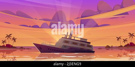 Versunkenes Kreuzschiff im Seehafen bei Sonnenuntergang. Vektor-Cartoon-Illustration der tropischen Sommerlandschaft mit Palmen am Strand und alten Passagierschiff Stock Vektor