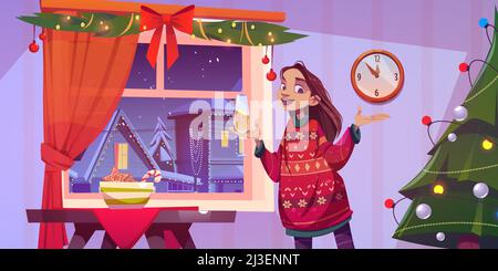 Frau feiert Weihnachten oder Neujahr. Fröhliches Mädchen in Strickpullover stehen bei Tannenbaum trinken Champagner und Blick durch Fenster auf Winter Straße Witz Stock Vektor