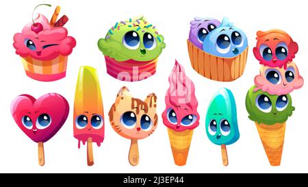 Set von niedlichen Eis Kawaii Figuren, lustige Sommer Food Emoticons, Eis, Eisbecher, Eis, Waffelkegel, Kätzchen, Kirsche und herzsüß Stock Vektor