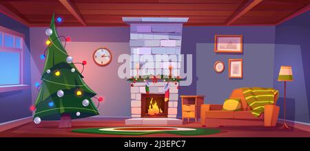 Heim Zimmer in der Weihnachtsnacht, leeres Interieur mit brennendem Kamin, Kerzen, Geschenk Socken, verzierten Tannenbaum mit Girlanden und gemütliches Sofa mit Kissen A Stock Vektor