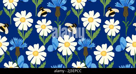 Niedliche Biene auf Wiese nahtloses Muster. Sommerblumen auf blauem Hintergrund. Wiederholte Natur Design Textur für Druck, Stoff, Geschenkpapier, Mode, Stock Vektor