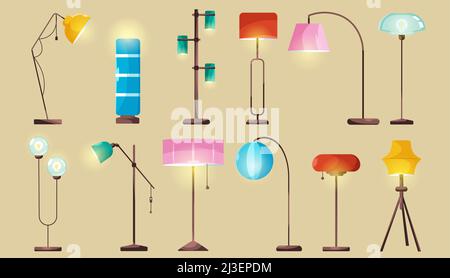 Moderne Stehleuchten, stilvolle elektrische Leuchten für den Innen- oder Bürobereich. Vector Cartoon Set von Beleuchtungszubehör mit Lampenschirmen für Wohnzimmer Stock Vektor