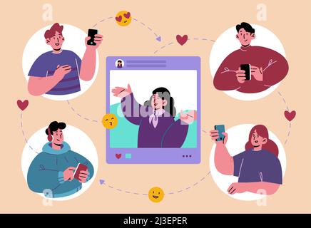 Menschen kommunizieren über Mobiltelefone, junge Männer und Frauen mit Smartphones chatten und senden Nachrichten an Freunde. Zeichen verwenden Gadgets Internet A Stock Vektor