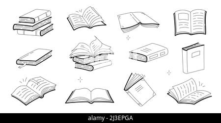 Skizzen von offenen und geschlossenen Büchern, Stapel von Lehrbüchern, Wörterbüchern oder Romanen mit leeren Einbänden. Vector Doodle Symbole der Literatur für Bibliothek, Geschäft, U Stock Vektor