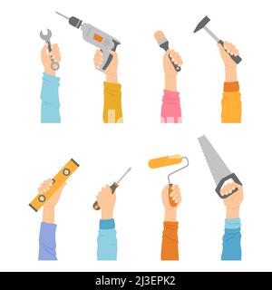 Hände mit Werkzeugschlüssel, Bohrer, Bürste und Hammer, waagerecht, Schraubendreher, Rolle und Säge. Menschliche Palmen halten Hausreparatur diy Renovierung Hausarbeit Instrument Stock Vektor