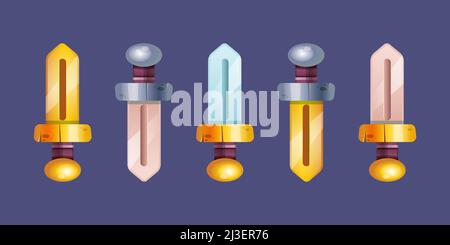 Spiel-Symbole von Schwertern, mittelalterlichen Ritter, wikinger, Piraten oder Krieger Waffen. Vektor-Cartoon-Satz aus Metall und Gold Schwerter auf dem Hintergrund isoliert. Waffe n Stock Vektor