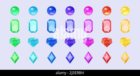Farbsteine, Kristallsteine in runder, geometrischer und diamantförmiger Form. Vektor-Cartoon-Set von Edelsteinen, Rubin, Saphir, Topas, Amethyst und Stock Vektor