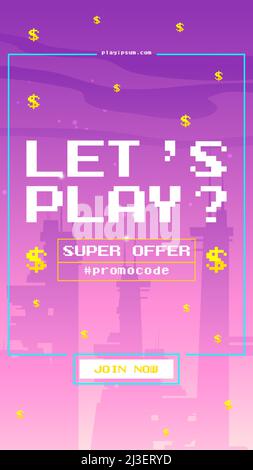 Lasst uns Pixel-Art-Webbanner für Casino- oder Glücksspiel-Club-Spiele spielen. Dollar-Regen fällt auf neon-ultraviolette futuristische Stadtgebäude. Super Angebot promotio Stock Vektor