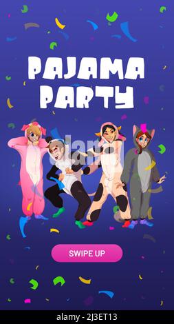 Schlafanzug Party Cartoon Web-Banner, Einladung. Menschen in Kigurumi-Tieranzügen freuen sich über herabfallende Konfetti. Jugendliche tragen Kostüme Katze, Stock Vektor