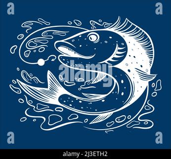 Angeln Logo. Fisch Jagd für Köder. Raubfisch am Haken. Angeln auf der Rute Stock Vektor