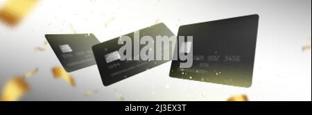 Schwarze Plastikkarten fallen mit goldenen Bändern. Vektor realistische Hintergrund mit 3D leere Bank Debit-, Einkaufs- oder Rabattkarten mit Chips und Stock Vektor