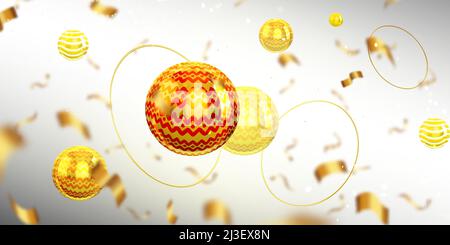 Abstrakter Hintergrund mit 3D Kugeln, Konfetti und goldenen Kreisen, die auf dem Hintergrund mit Unschärfe-Effekt fliegen. Goldene Kugeln mit dekorativem Ornament, grafisches Design t Stock Vektor
