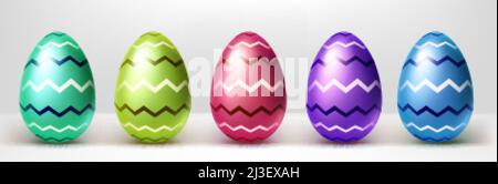 Bunte Ostereier mit Zickzackmuster. Vektor realistische Set von Frühlingsferien Dekoration, Geschenke für Ostern Jagd Ereignis. Sammlung von glänzenden r Stock Vektor
