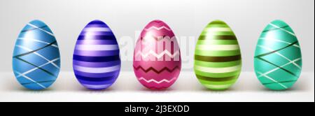 Bunte Easter Eggs Reihe, isolierte 3D Vektor-Objekte mit Streifen und Zick-Zack-Muster auf weißem Hintergrund verziert. Blau, lila, grün und rosa holi Stock Vektor