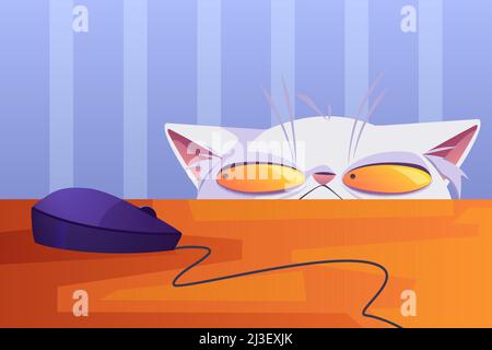 Katzenjagd auf Computermaus, die auf dem Tisch liegt. Cartoon neugierig Haustier mit weißem Fell und schielenden gelben Augen aus unter dem Tisch guckt auf Ele Stock Vektor
