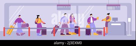 Schlange am Flughafen, Leute warten in der Schlange auf den Check-in für die Registrierung. Passagiere Charaktere in medizinischen Masken bereiten Dokumente für den Passkontrollschalter vor. Stock Vektor