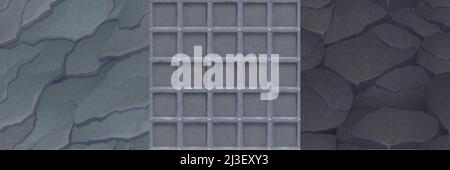 Asphalt und Stein Texturen für Spiel, nahtlose Hintergründe. Steinfliesen und Gitterrost, Kopfsteinpflaster grau und schwarz Boden strukturierte Oberfläche laye Stock Vektor